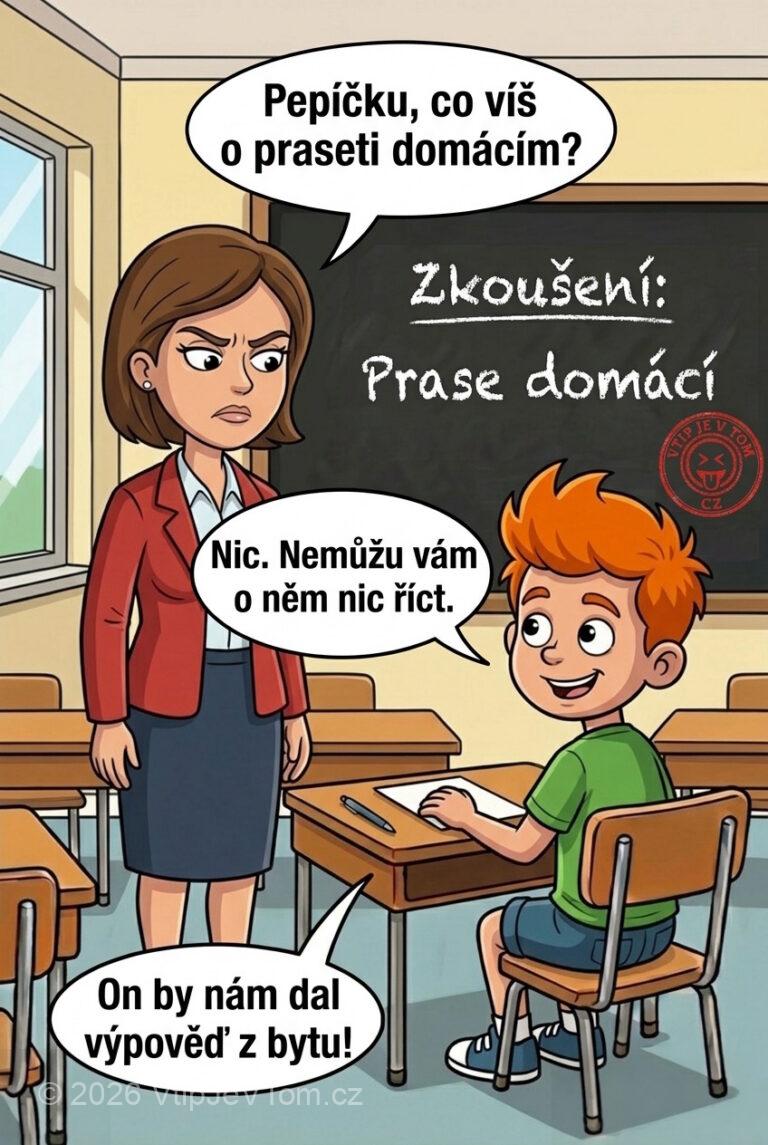 Pepíček a prase - Paní učitelka: „Pepíčku, co víš o praseti domácím?” Pepíček: „Nic....