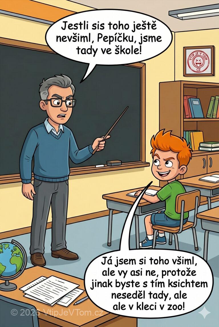 Pepíček dělá opičárny - Pan učitel napomíná Pepíčka, který dělá o hodině samé opičárny:...