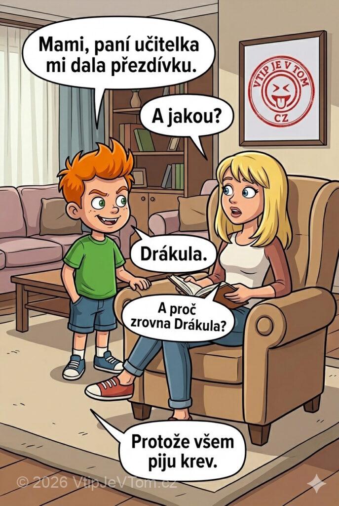 Pepíček má přezdívku - Přijde Pepíček domů a říká mamince: „Mami, paní učitelka mi...