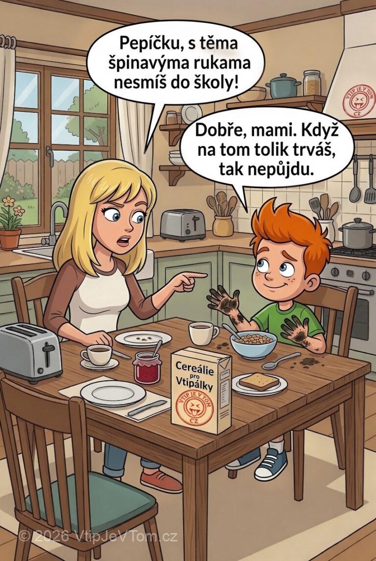 Pepíček nemůže do školy Pepíček nemůže do školy - Při snídani maminka zahlédne Pepíčkovy špinavé ruce a říká: „Pepíčku,...