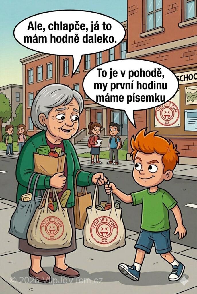 Pepíček pomáhá starší paní - Pepíček jde do školy a potká starší paní s nákupem....
