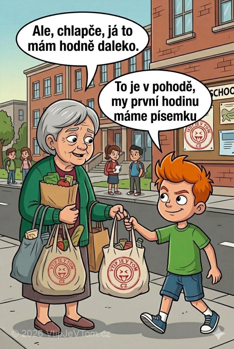 Pepíček pomáhá starší paní - Pepíček jde do školy a potká starší paní s nákupem....