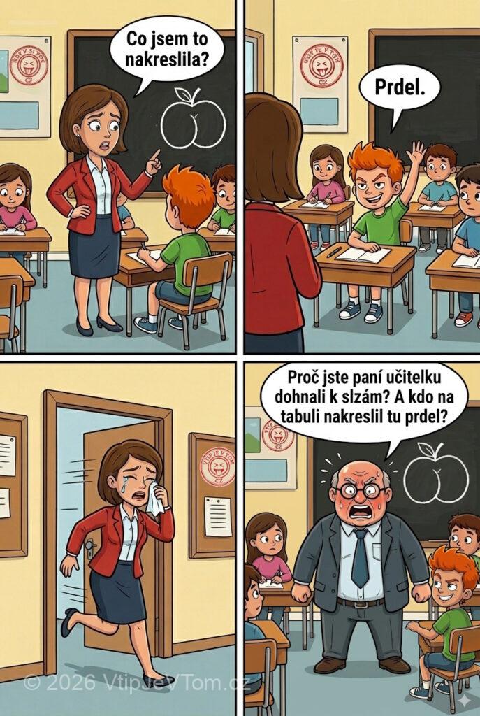Pepíček rozplakal učitelku - Paní učitelka nakreslila na tabuli jablko a ptá se dětí:...