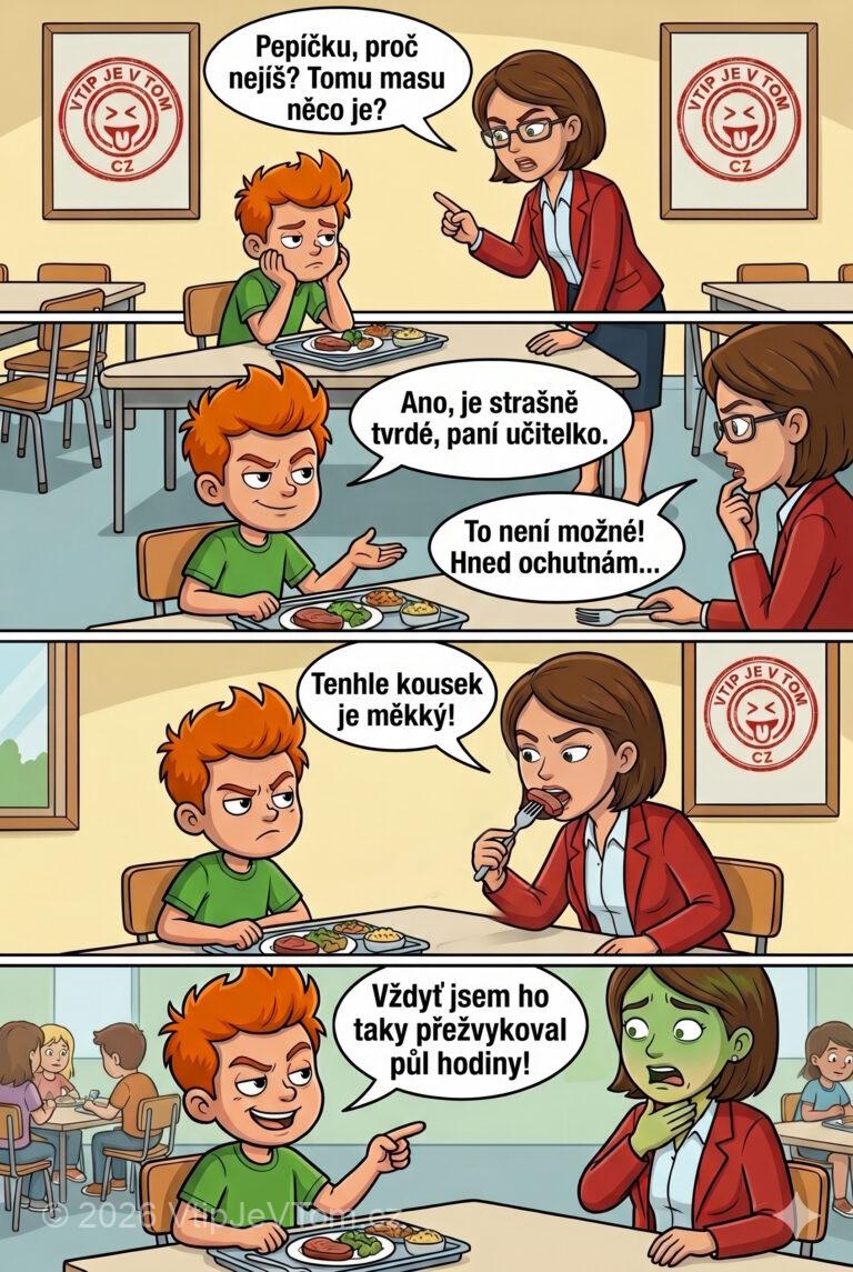 Pepíček ve školní jídelně - Paní učitelka: „Pepíčku, proč nejíš? Tomu masu něco je?”Pepíček: „Ano,...
