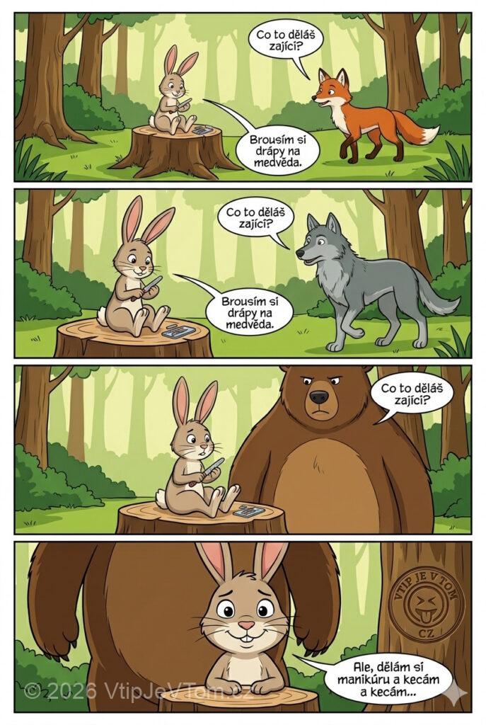 Zajíc si brousí drápy na medvěda - Sedí zajíc na pařezu a dělá si manikúru. Jde kolem...