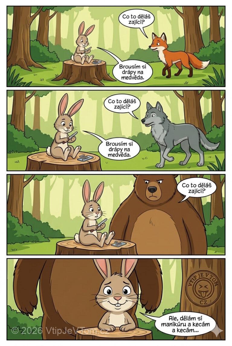 Zajíc si brousí drápy na medvěda Zajíc si brousí drápy na medvěda - Sedí zajíc na pařezu a dělá si manikúru. Jde kolem...