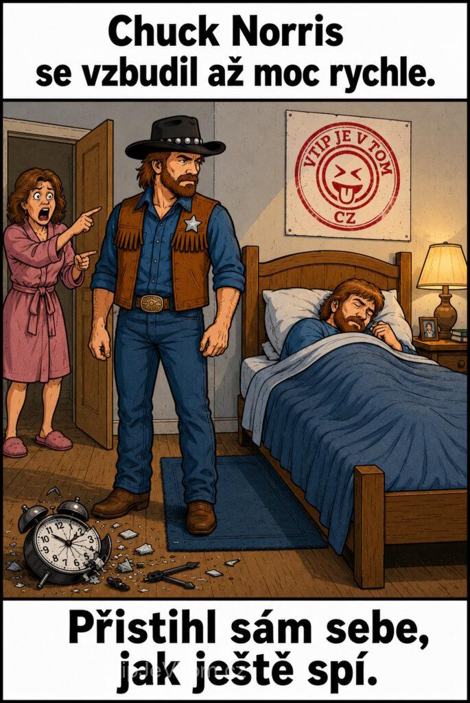 Chuck Norris se vzbudil rychle - Chuck Norris se jednou vzbudil tak rychle, že přistihl sám...