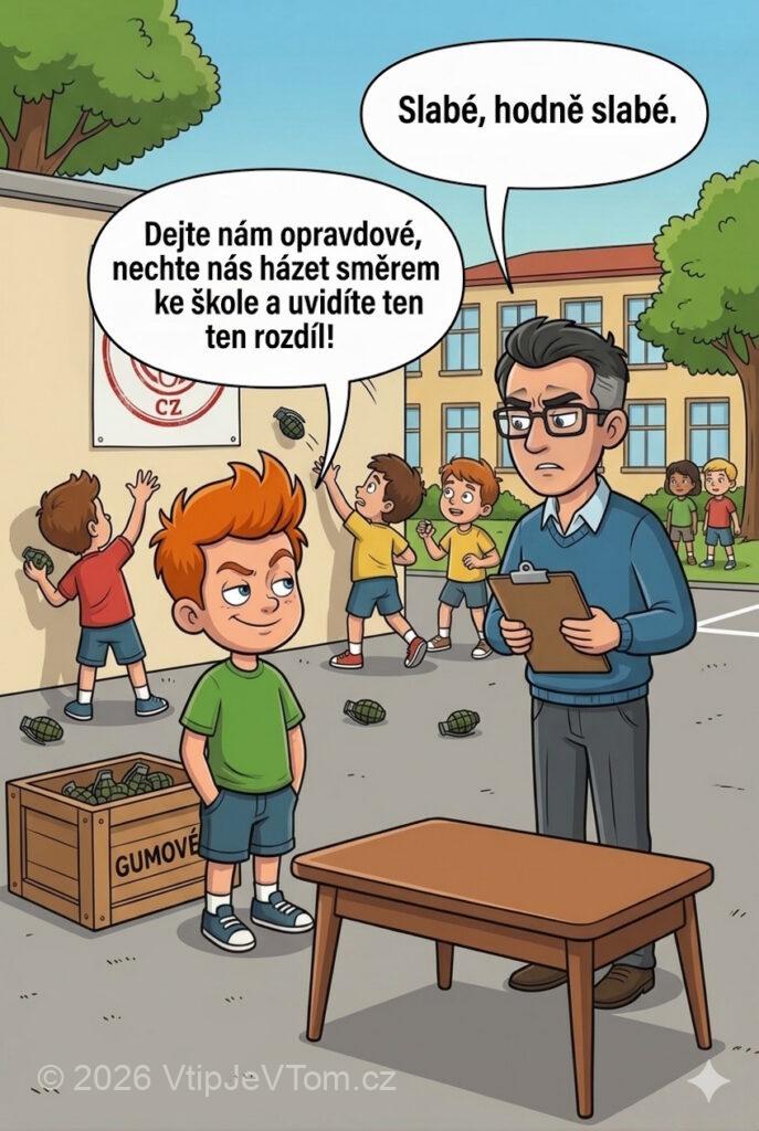 Pepíček a hod granátem - Děti v tělocviku venku před školou házejí gumovým cvičným granátem....