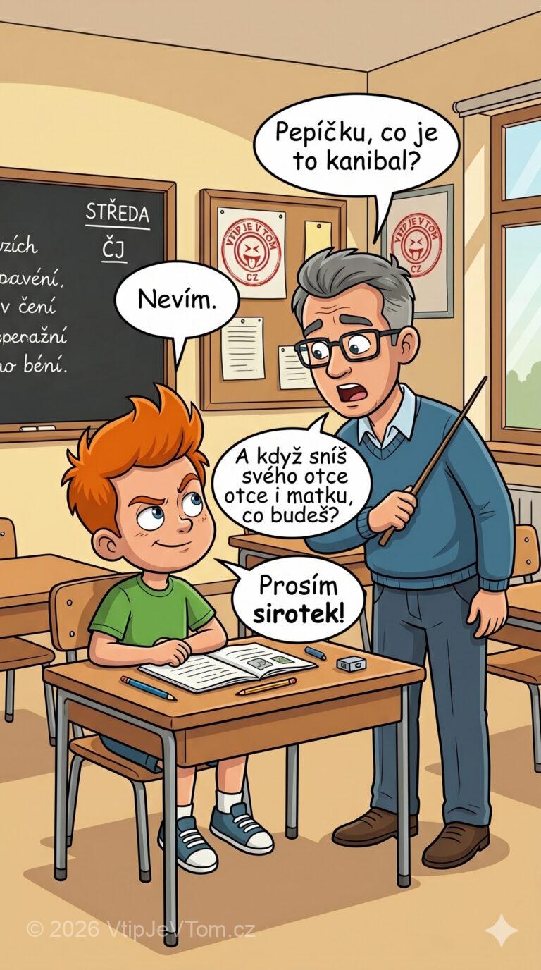 Pepíček a kanibal - Pan učitel: "Pepíčku, co je to kanibal?" Pepíček: "Nevím." Pan...