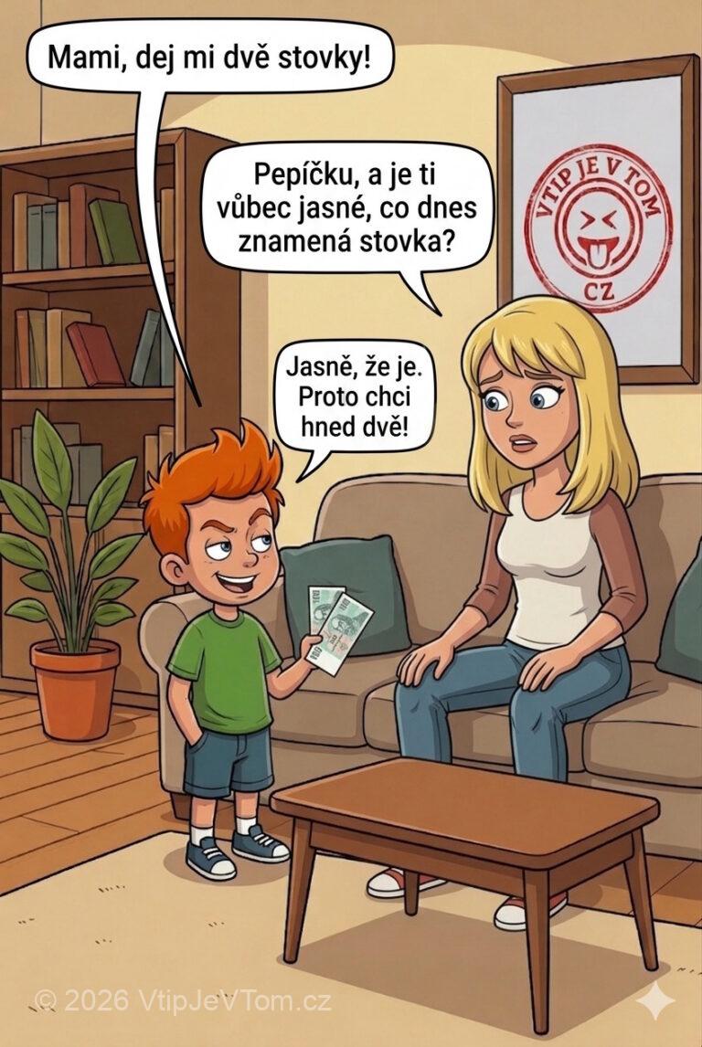 Pepíček chce dvě stovky - Pepíček říká mamince: "Mami, dej mi dvě stovky!" Maminka: "Pepíčku,...