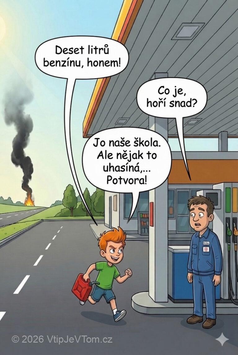 Pepíček kupuje benzín - Přiběhne Pepíček s kanystrem k benzínové pumpě: "Deset litrů benzínu,...