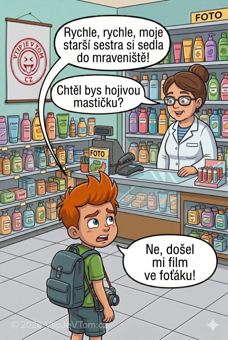 Pepíček přiběhne do drogerie - Pepíček: "Rychle, rychle, moje starší sestra si sedla do mraveniště!"Prodavačka:...