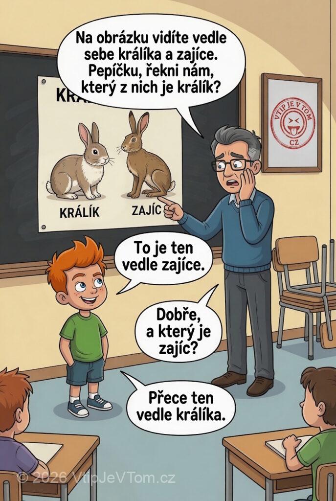 Pepíček zajíc a králík - Pan učitel: „Na obrázku vidíte vedle sebe králíka a zajíce....