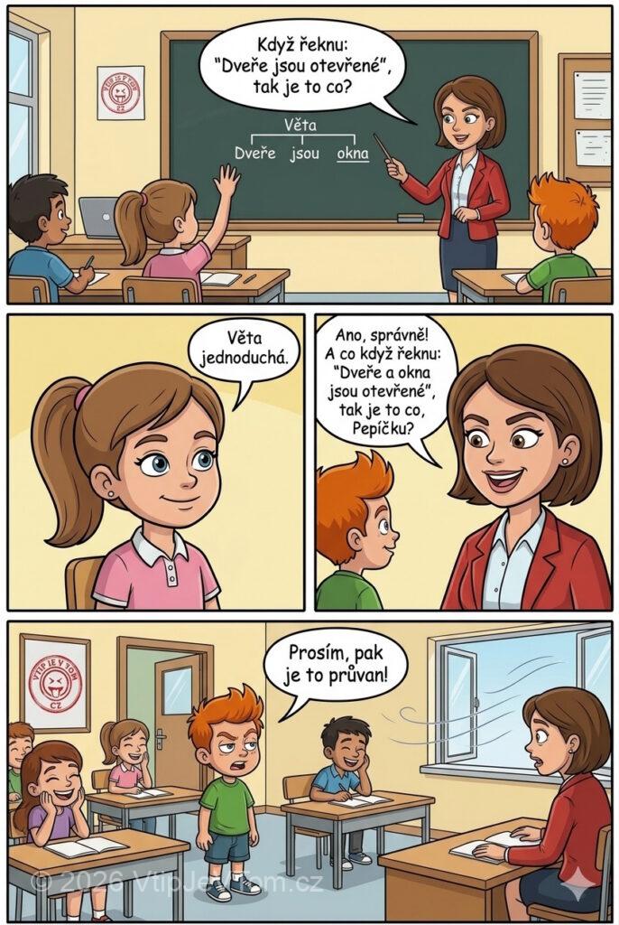 Pepíčkova definice souvětí Pepíčkova definice souvětí - Paní učitelka vysvětluje žákům, co je to věta jednoduchá a...