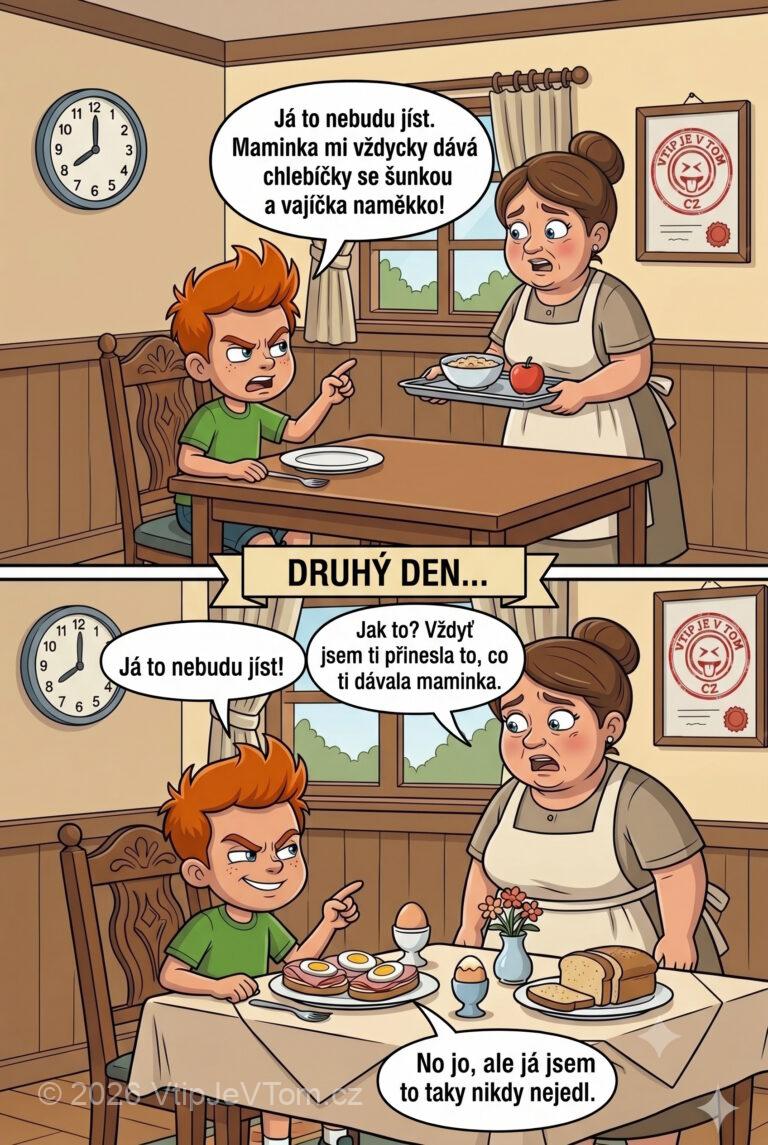 Pepíčkova snídaně - Pepíček říká v penzionu paní, která mu nese snídani: „Já...