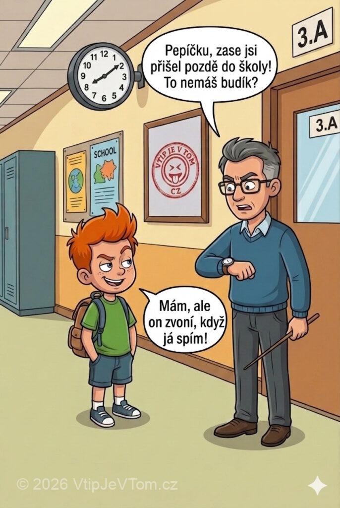 Pepíčkův budík - Učitel: "Pepíčku, zase jsi přišel pozdě do školy! To nemáš...