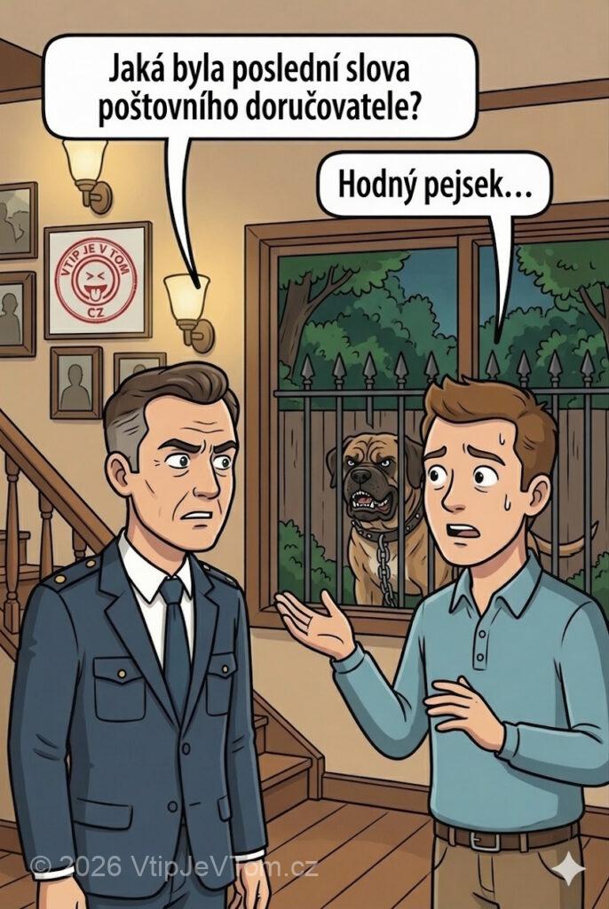 Vyšetřování smrti poštovního doručovatele - Komisař: „Jaká byla poslední slova poštovního doručovatele?“ Svědek: „Hodný pejsek.“