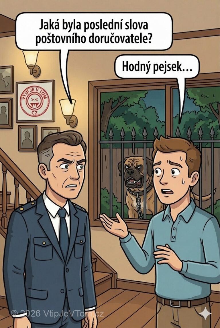 Vyšetřování smrti poštovního doručovatele - Komisař: „Jaká byla poslední slova poštovního doručovatele?“ Svědek: „Hodný pejsek.“