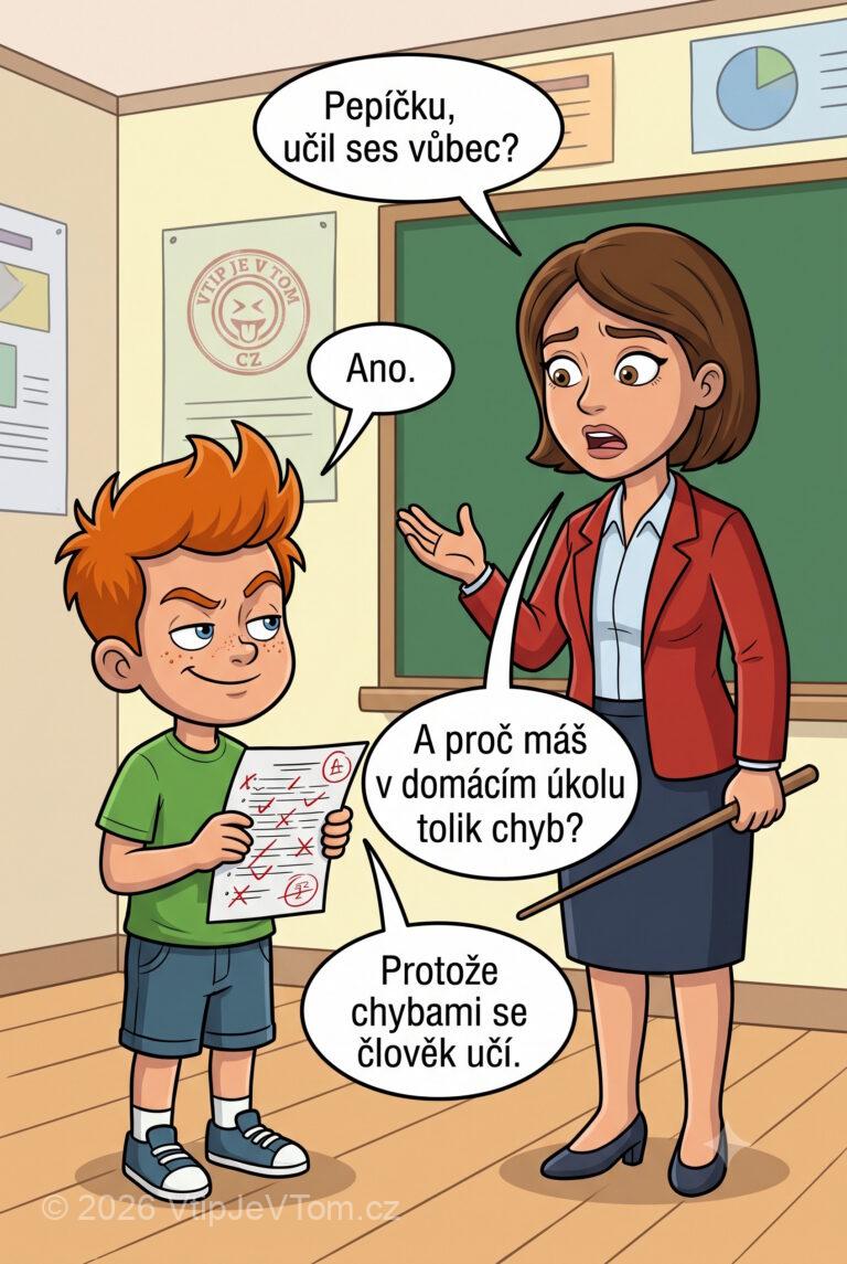 Pepíček dělá chyby - Paní učitelka se ptá Pepíčka: „Pepíčku, učil ses vůbec?“ Pepíček:...