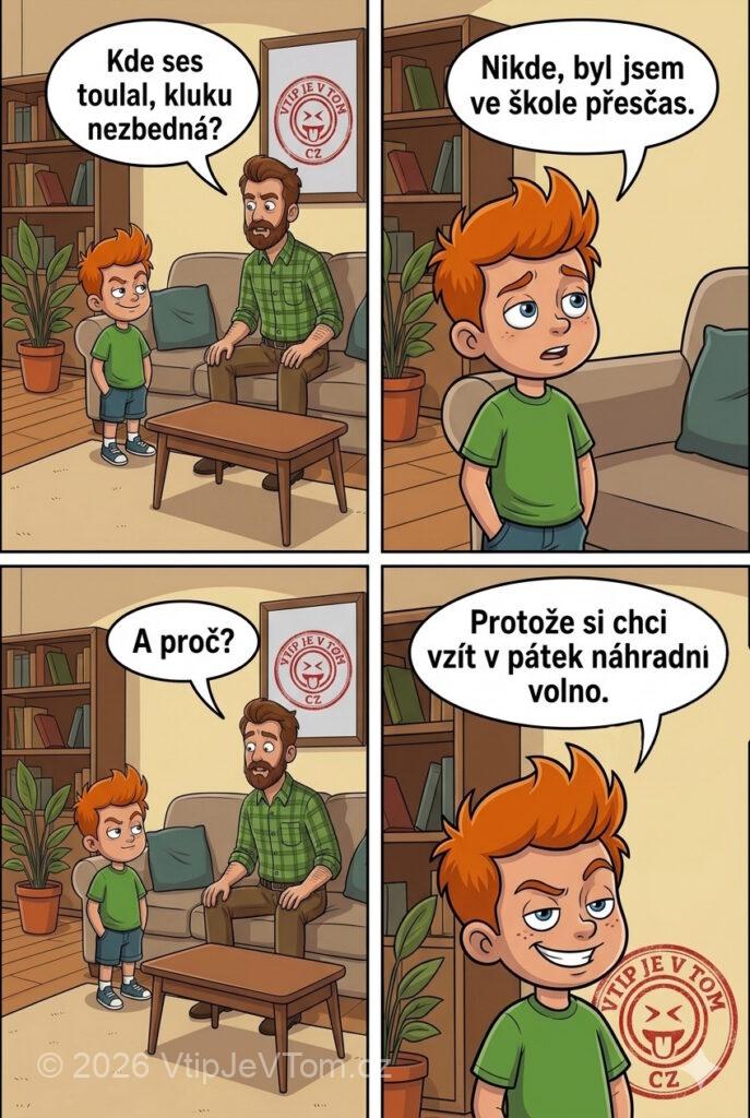 Pepíček přijde domů pozdě Pepíček přijde domů pozdě - Tatínek: „Kde ses toulal, kluku nezbedná?“Pepíček: „Nikde, byl jsem ve...