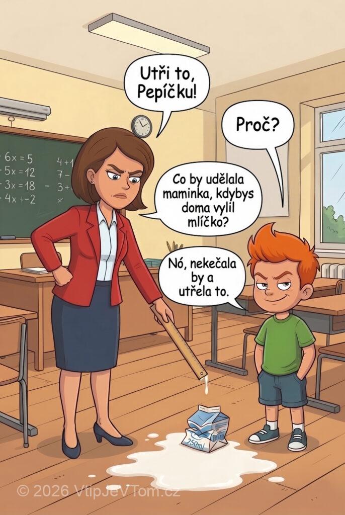 Pepíček ve škole rozlije mlíčko. Pepíček ve škole rozlije mlíčko. - Paní učitelka: "Utři to, Pepíčku!" Pepíček: "Proč?" Paní učitelka: "Co...