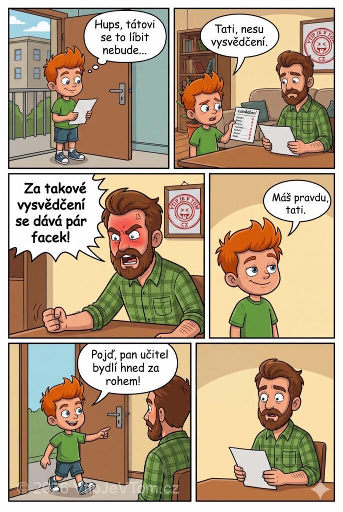 Pepíček a vysvědčení za pár facek - Přijde Pepíček domů a ukazuje tatínkovi vysvědčení plné čtyřek a...