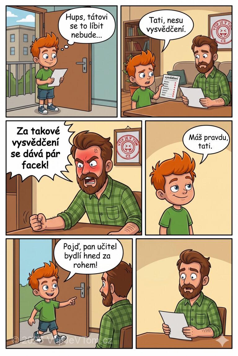 Pepíček a vysvědčení za pár facek - Přijde Pepíček domů a ukazuje tatínkovi vysvědčení plné čtyřek a...