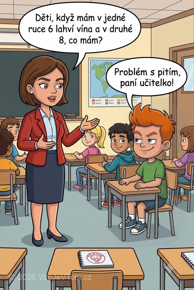 Pepíček a láhve vína - Ve škole se paní učitelka ptá dětí: „Děti, když mám...