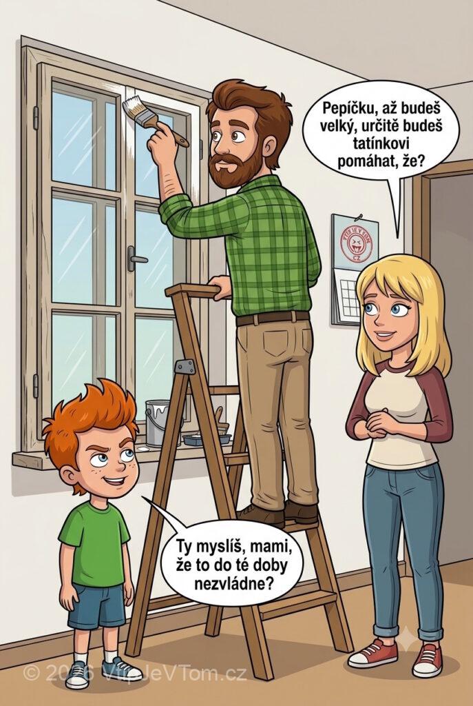 Pepíček a malování Pepíček a malování - Pepíček pozorně hledí na tatínka, jak maluje okno. Maminka to...