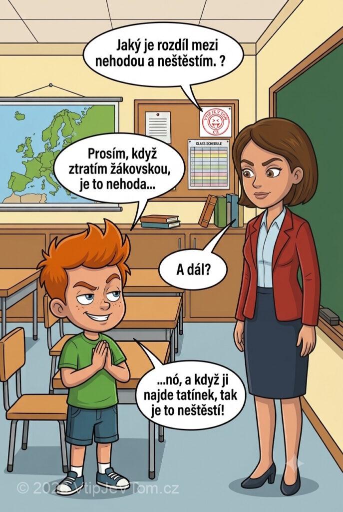 Pepíček a rozdíl mezi nehodou a neštěstím Pepíček a rozdíl mezi nehodou a neštěstím - Paní učitelka vysvětluje rozdíl mezi nehodou a neštěstím. „Může mi...