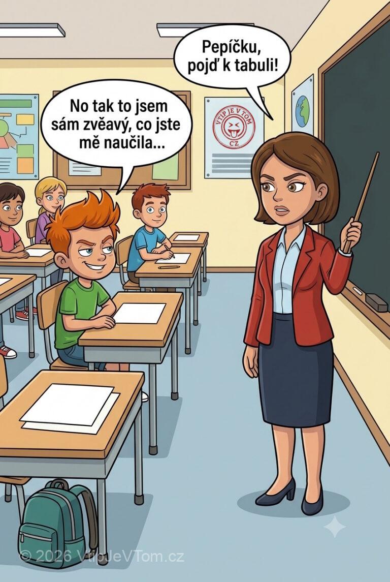 Pepíček jde k tabuli Pepíček jde k tabuli - Učitelka: „Pepíčku, pojď k tabuli!“Pepíček: „No tak to jsem sám...