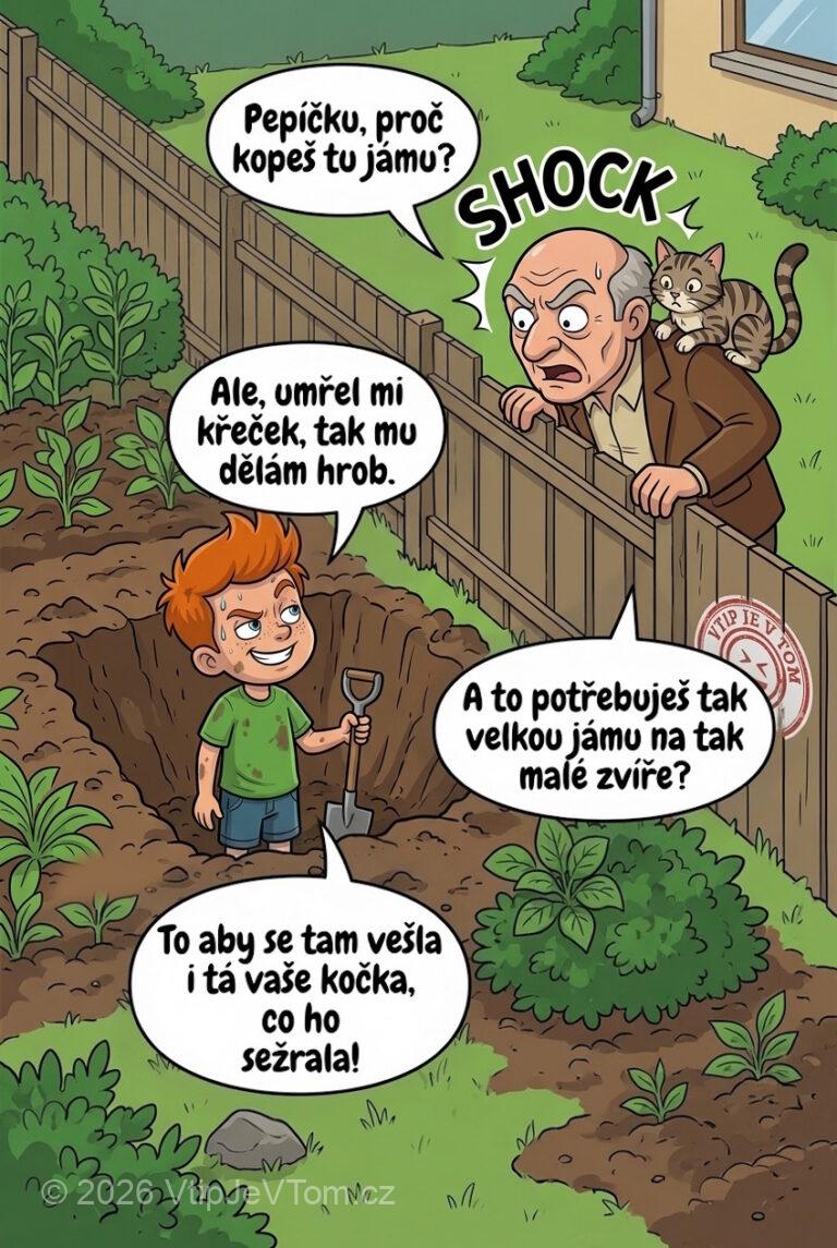 Pepíček kope jámu na zahradě Pepíček kope jámu na zahradě - Pozoruje ho jeho soused a ptá se: „Pepíčku, proč kopeš...
