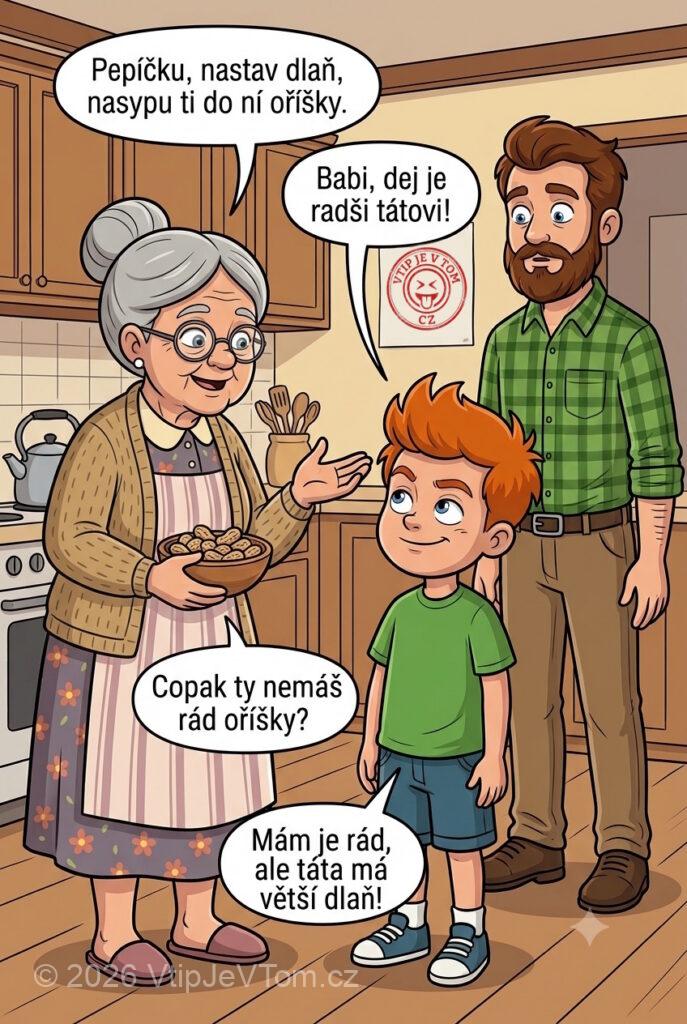 Pepíček na návštěvě u babičky Pepíček na návštěvě u babičky - Babička:„ Pepíčku, nastav dlaň, nasypu ti do ní oříšky.“Pepíček: „Babi,...