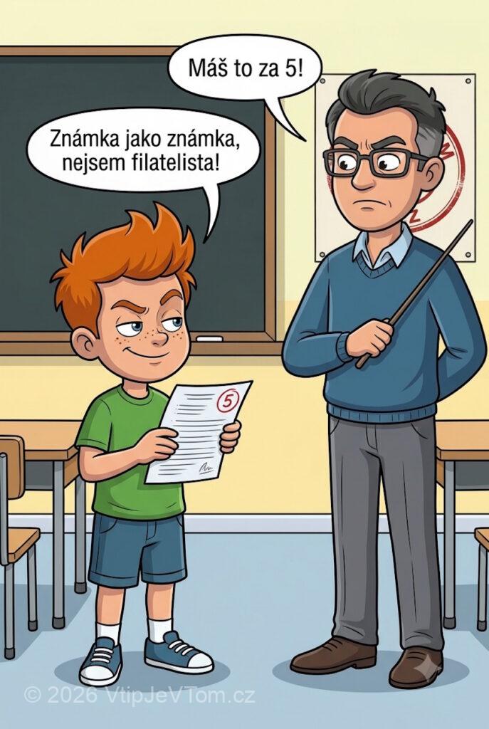 Pepíček není filatelista Pepíček není filatelista - Pan učitel naštvaně říká Pepíčkovi: "Máš to za 5!"Pepíček: „Známka...