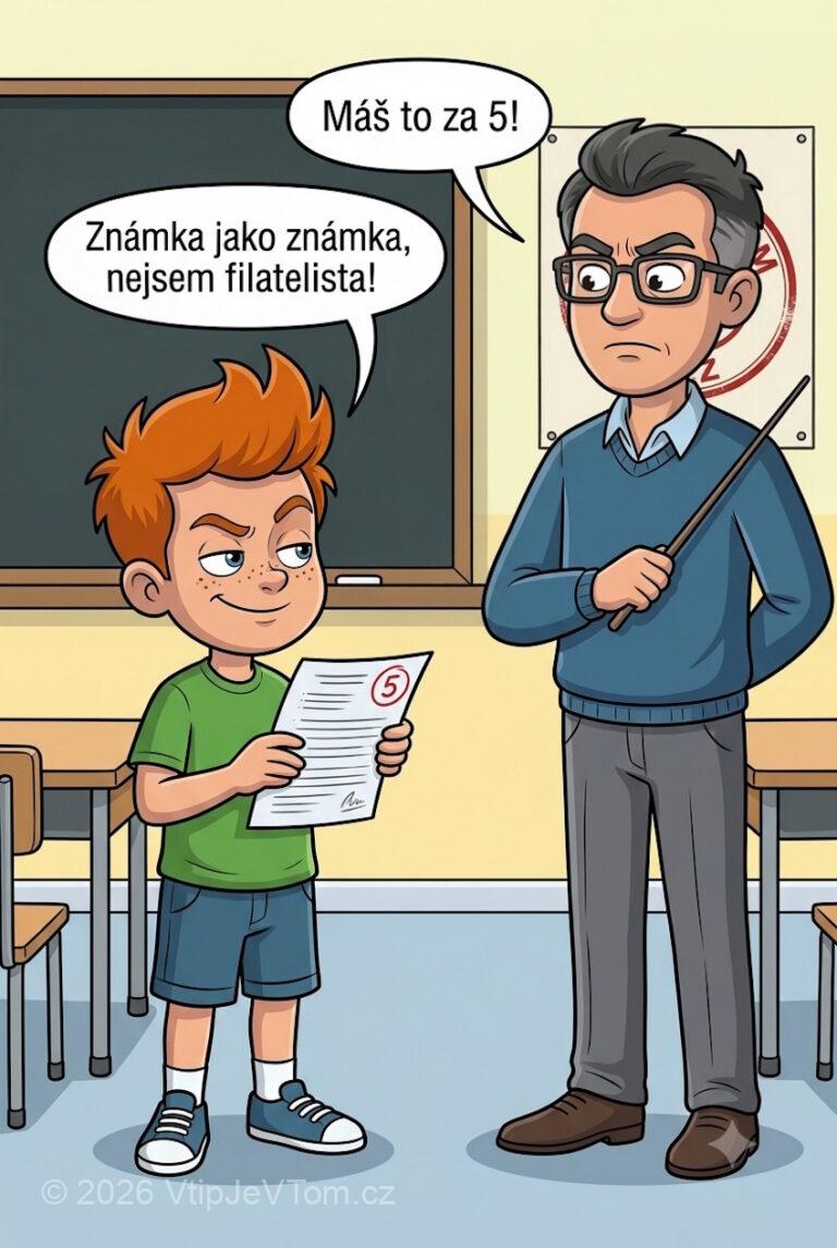 Pepíček není filatelista - Pan učitel naštvaně říká Pepíčkovi: "Máš to za 5!"Pepíček: „Známka...
