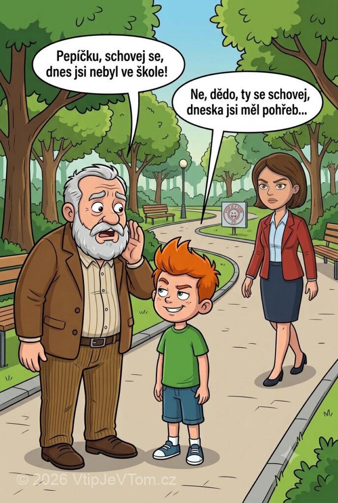 Pepíček s dědečkem za školou Pepíček s dědečkem za školou - Dědeček jde s Pepíčkem parkem a proti nim paní učitelka.Dědeček:...