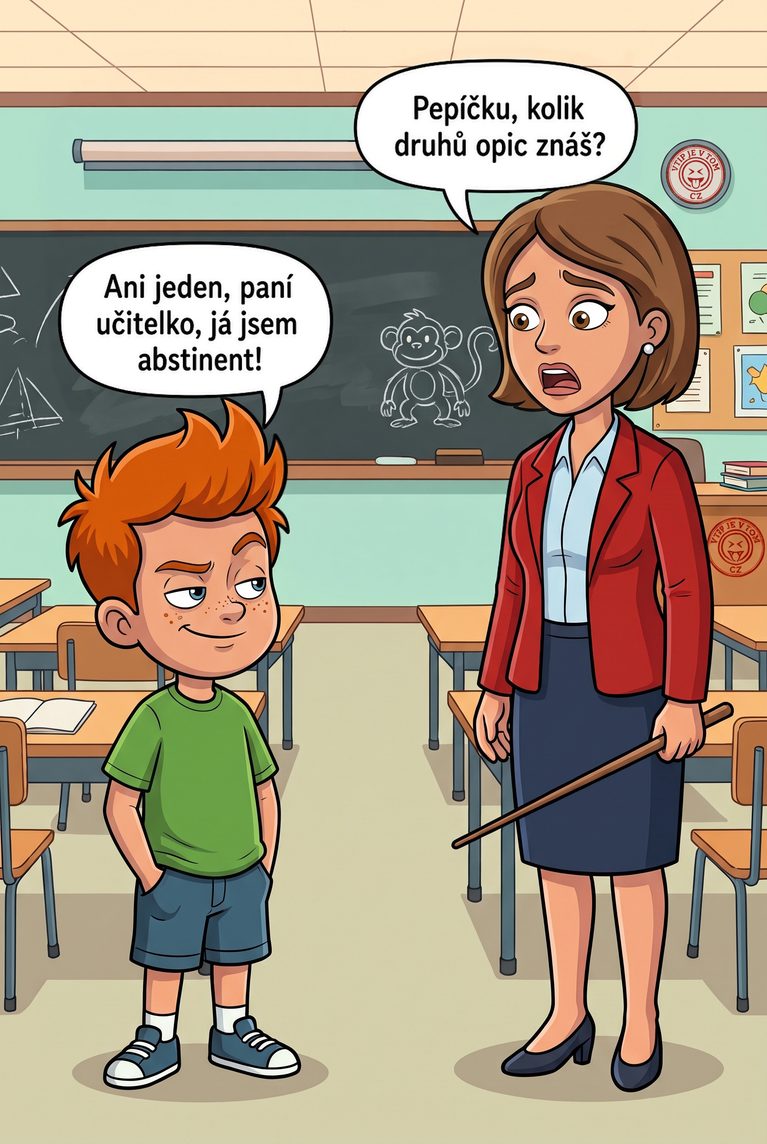 Pepíček a opice - Paní učitelka: „Pepíčku, kolik druhů opic znáš?“ Pepíček: „Ani jeden,...