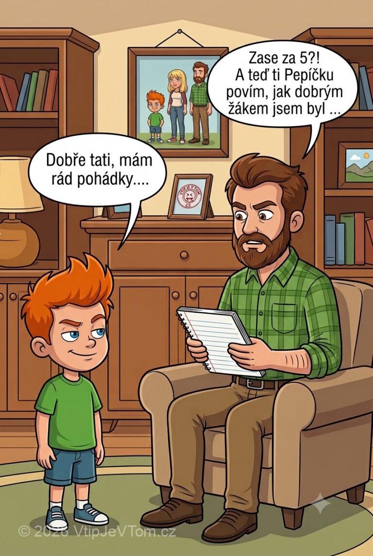 Pepíček donese domů pětku - Pepíček donese domů pětku. Tatínek mu říká: "A teď ti...