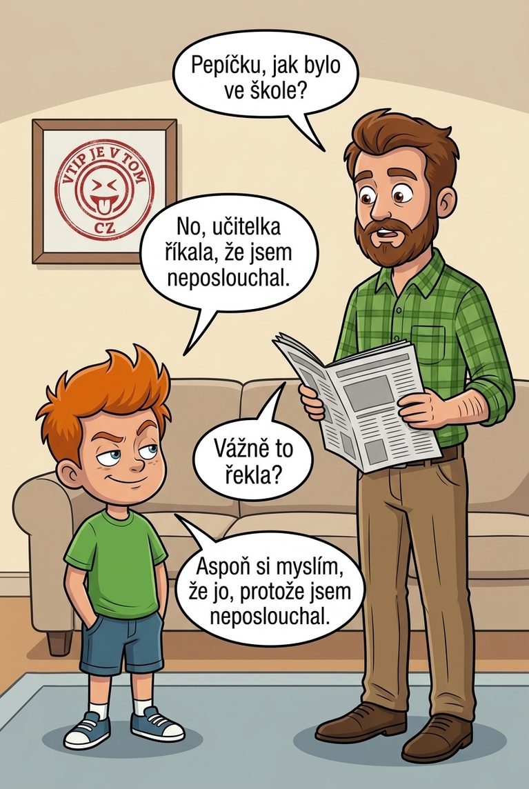 Pepíček neposlouchal - Tatínek: „Pepíčku, jak bylo ve škole?“Pepíček: „No, učitelka říkala, že...