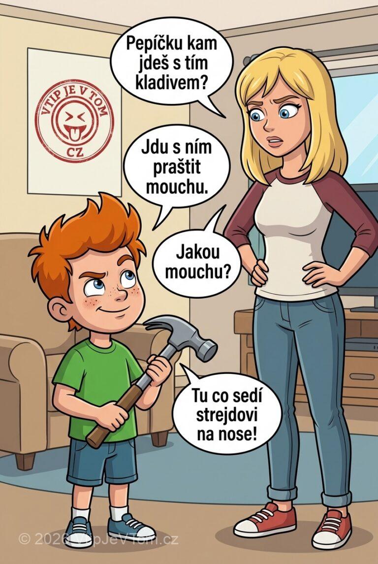 Pepíček s kladivem - Maminka: "Pepíčku kam jdeš s tím kladivem?"Pepíček: "Jdu s ním...