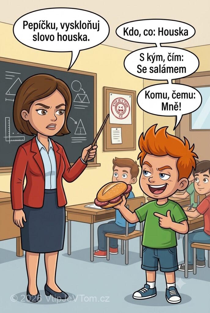 Pepíček skloňování slova houska Pepíček skloňování slova houska - Paní učitelka: "Pepíčku, vyskloňuj slovo houska."Pepíček: „Kdo, co: HouskaS kým,...