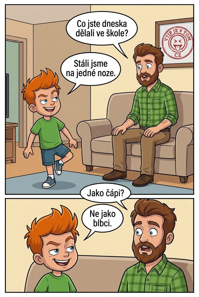 Pepíček stál na jedné noze - Tátínek: „Co jste dneska dělali ve škole?"Pepíček: „Stáli jsme na...