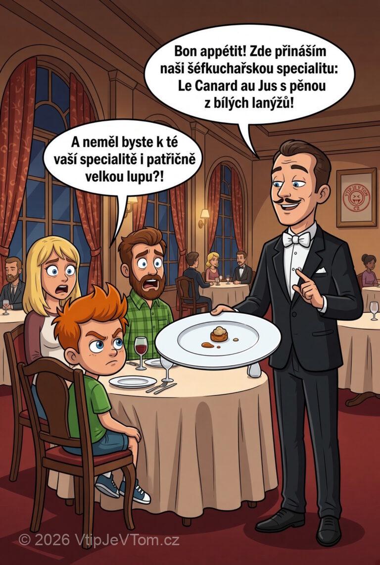 Pepíček ve francouzské restauraci - Pepíček: „Mami, tati, já mám hlad jako vlk!“ Číšník (s...