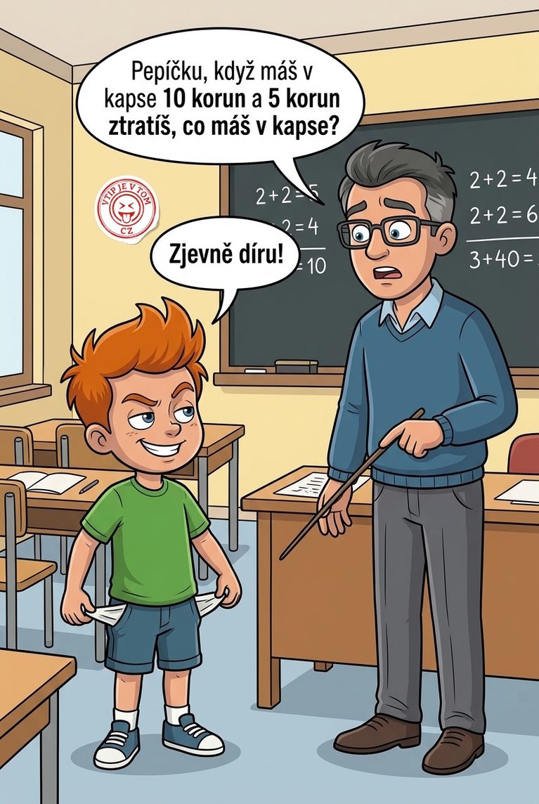 Pepíček ztratil 5 korun - Pan učitel se ptá Pepíčka v hodině matematiky: „Pepíčku, když...