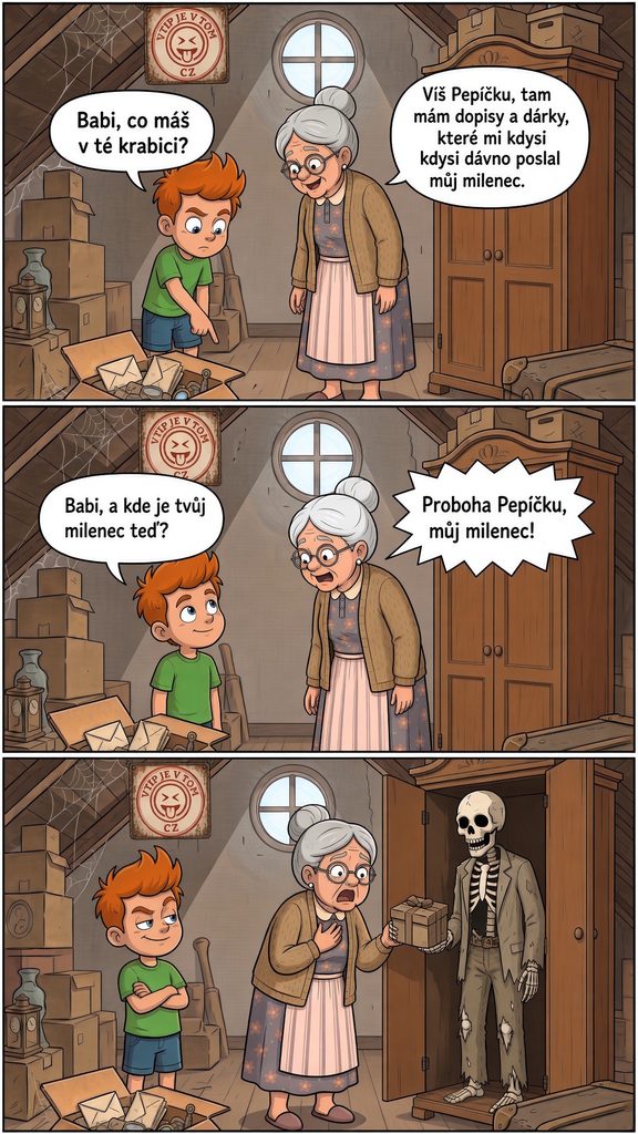 Babička s Pepíčkem na půdě - Babička s Pepíčkem si u babičky na půdě prohlížejí staré...