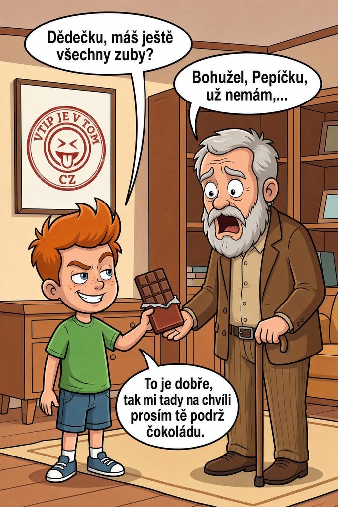 Pepíček a čokoláda - Pepíček: „Dědečku, máš ještě všechny zuby?“Dědeček: „Bohužel, Pepíčku, už nemám,...“Pepíček:...