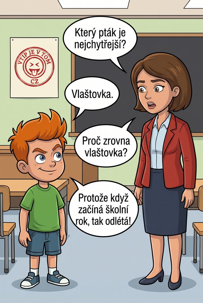 Pepíček a nejchytřejší pták - Paní učitelka se ptá Pepíčka: „Který pták je nejchytřejší?“ Pepíček:...