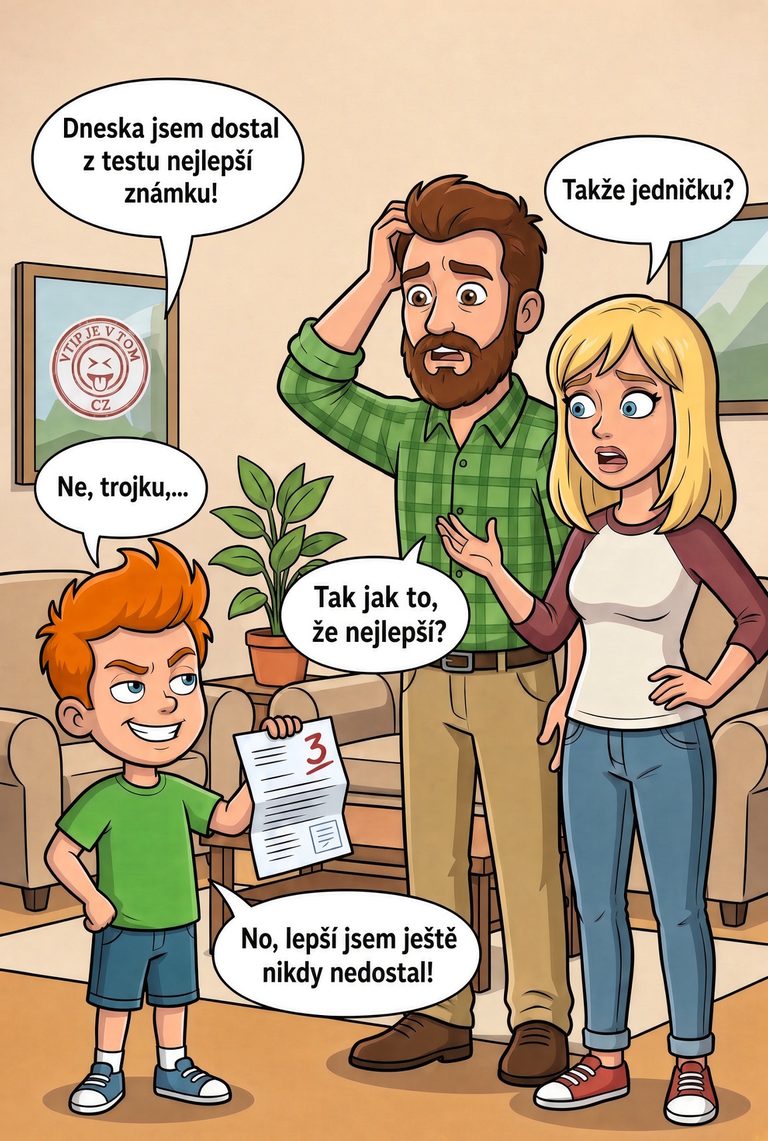 Pepíček a nejlepší známka Pepíček a nejlepší známka - Pepíček se chlubí rodičům: „Dneska jsem dostal z testu nejlepší...