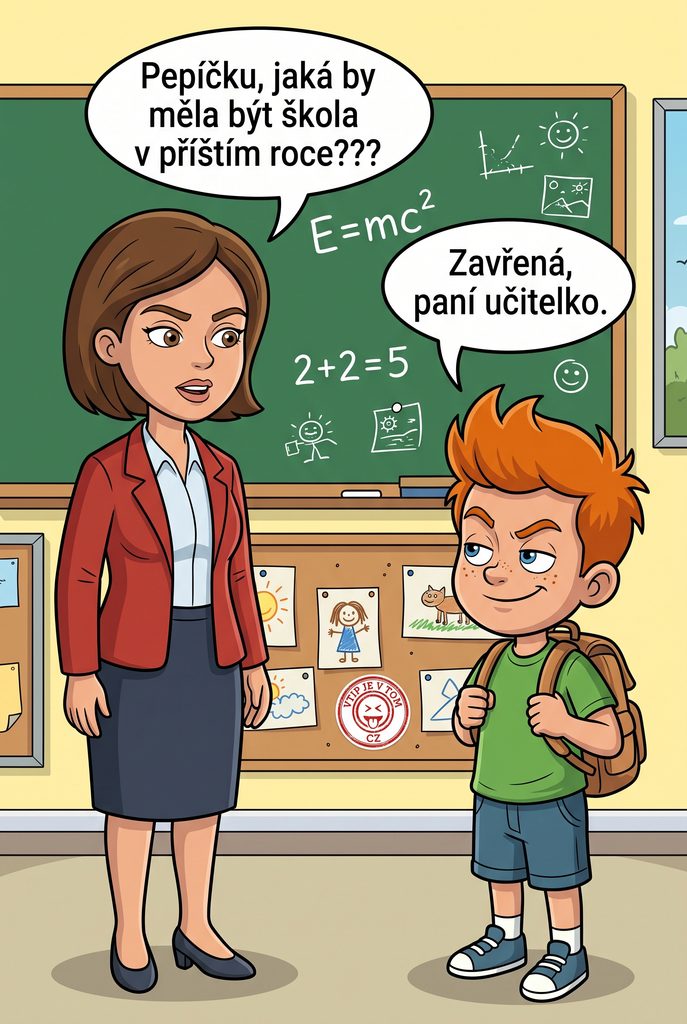 Pepíček a škola v příštím roce - Paní učitelka se ptá Pepíčka: ,,Pepíčku, jaká by měla být...