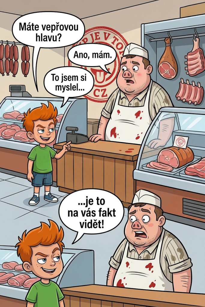 Pepíček a vepřová hlava - Pepíček se v řeznictví ptá řezníka: „Máte vepřovou hlavu?”Řezník: „Ano,...